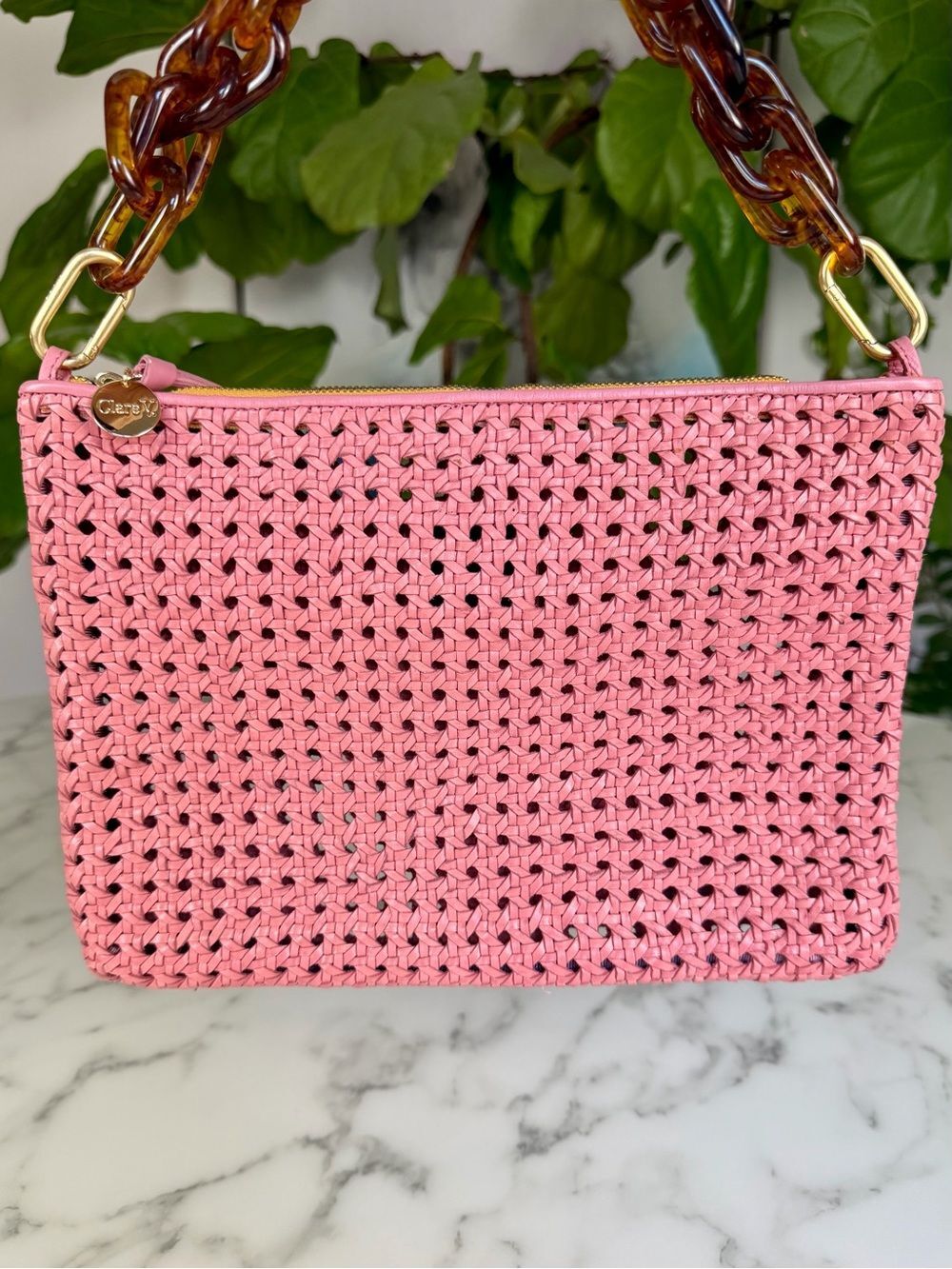 Clare V Rattan Flat Clutch with Tabs in Petal & Tortoise Resin Shortie Strap